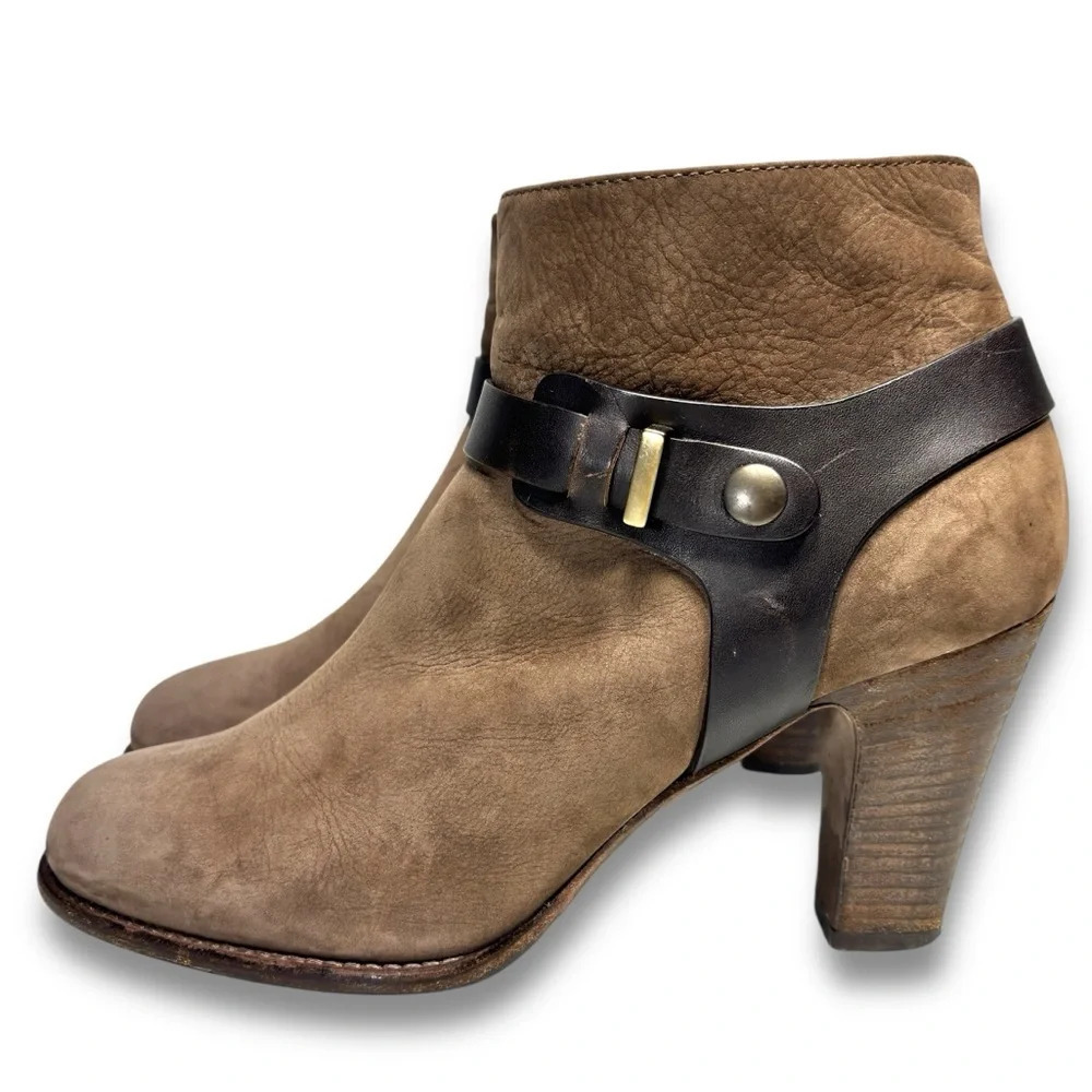 Aquatalia Taupe Nubuck Leather Harness Detail Heeled Side Zip Booties Size‎ 9